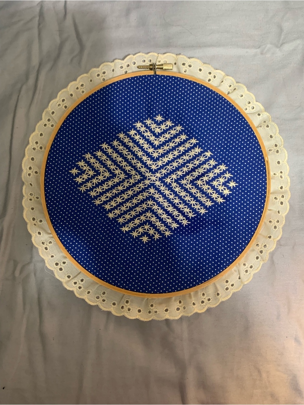 Vintage Handmade Embroidery Hoop Wall Art Blue Cottagecore Lace Folk Decor